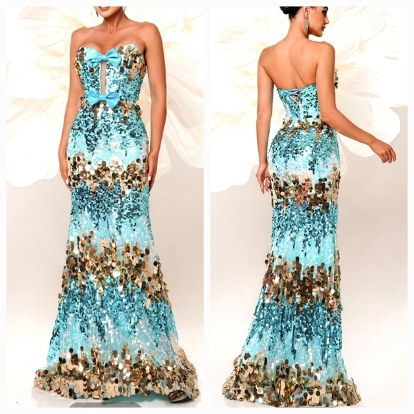 Bow Knot, Tube Top, Lace Up, Contrast Sequined Mermaid Gown for Special Events - Picture 3 of 16